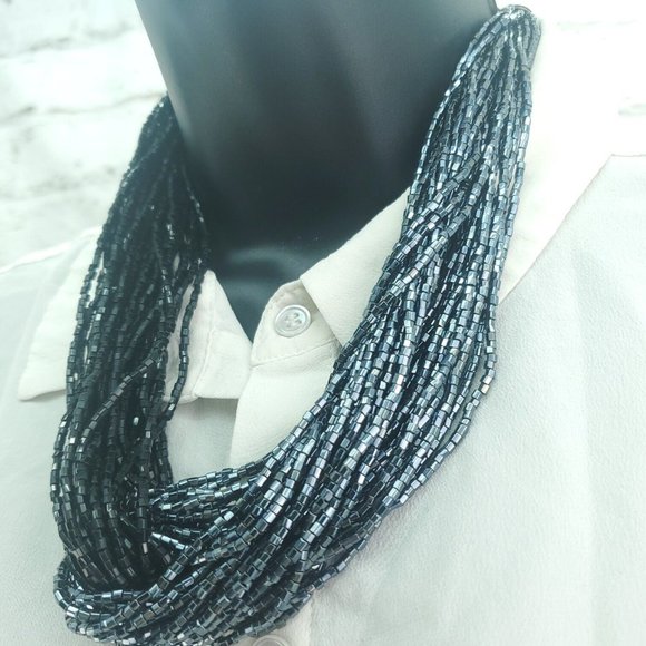 Womens Black Metallic Gray Beaded Twisted Multi Strands Statement Necklace - Picture 4 of 10